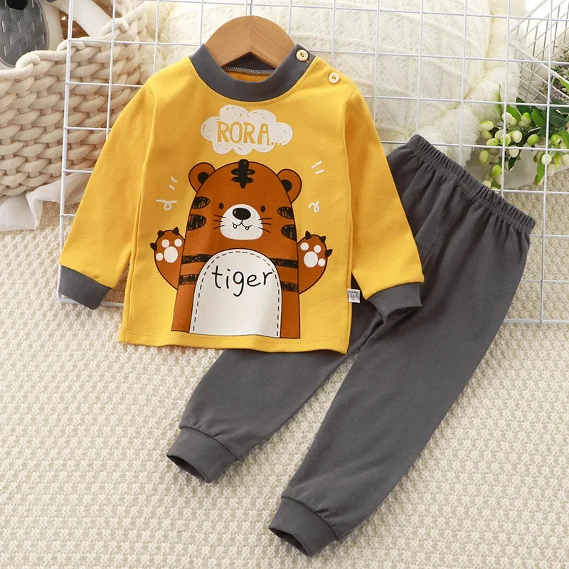 New Kids Boys Girls Pajama Sets Cartoon Print Long Sleeve Cute T-Shirt Tops with Pants Toddler Baby Sleeping Clothing Sets