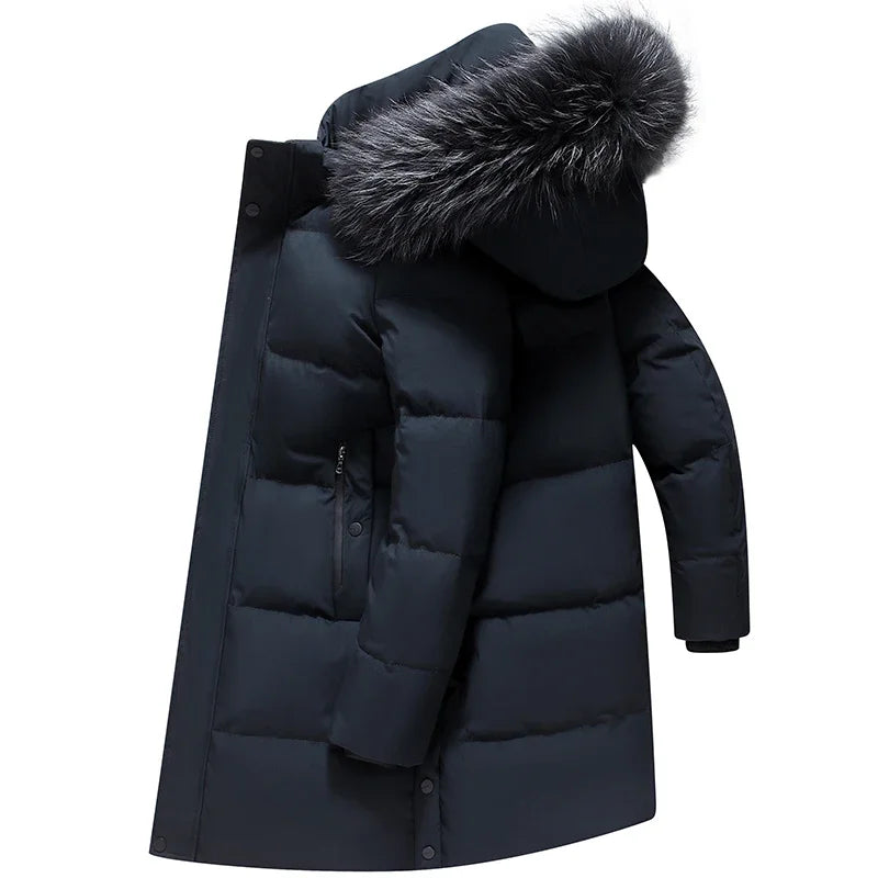 CH.KOUROSH 2024 Men’s Duck Down Winter Jacket - Mid-Length, Thick, with Fur Collar & Detachable Hood