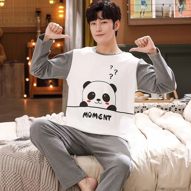 Spring Autumn Knitted Cotton Cartoon Men's Pyjamas Plaid Pajamas Set Casual Male Sleepwear Pyjamas Night Pijamas 4XL Homewear