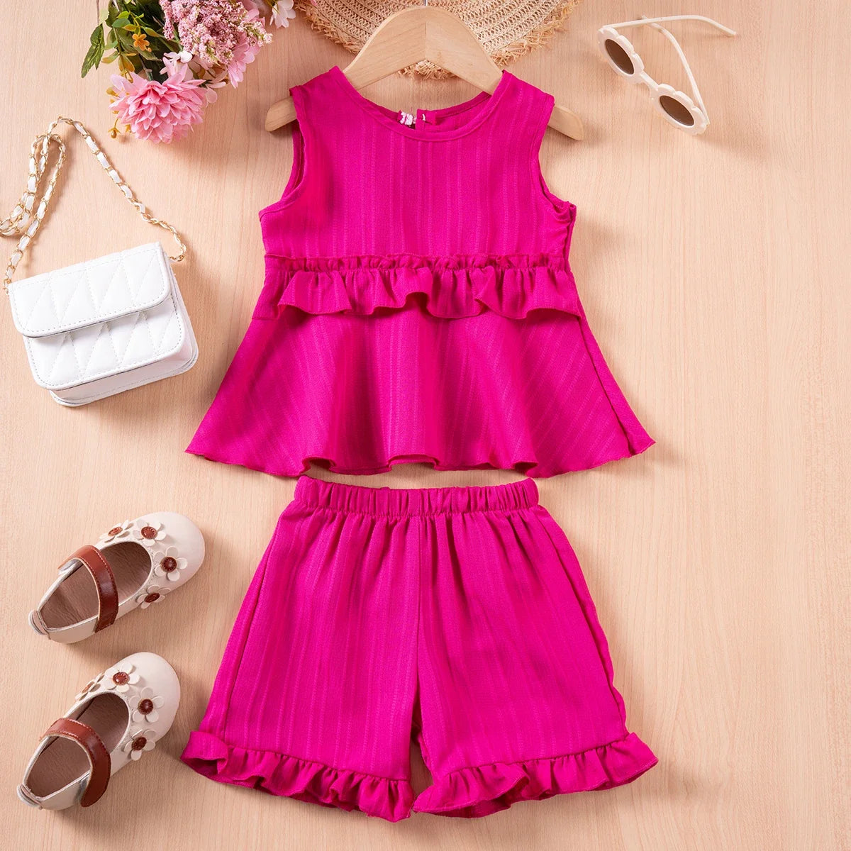 CH.KOUROSH- Baby Girl Summer Cute Set Solid Colour Sleeveless Top + Ruffle Shorts 2pcs Fashion Casual Sweet Comfortable Hot Sale