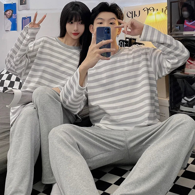 Korean Men Pijamas Set Cotton Women Pajamas Set Autumn Sleepwear Casual Loungewear hombre Mujer Home Clothing Pyjamas Suit