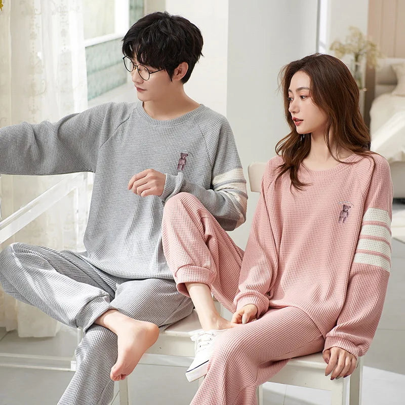 Korean Men Pijamas Set Cotton Women Pajamas Set Autumn Sleepwear Casual Loungewear hombre Mujer Home Clothing Pyjamas Suit