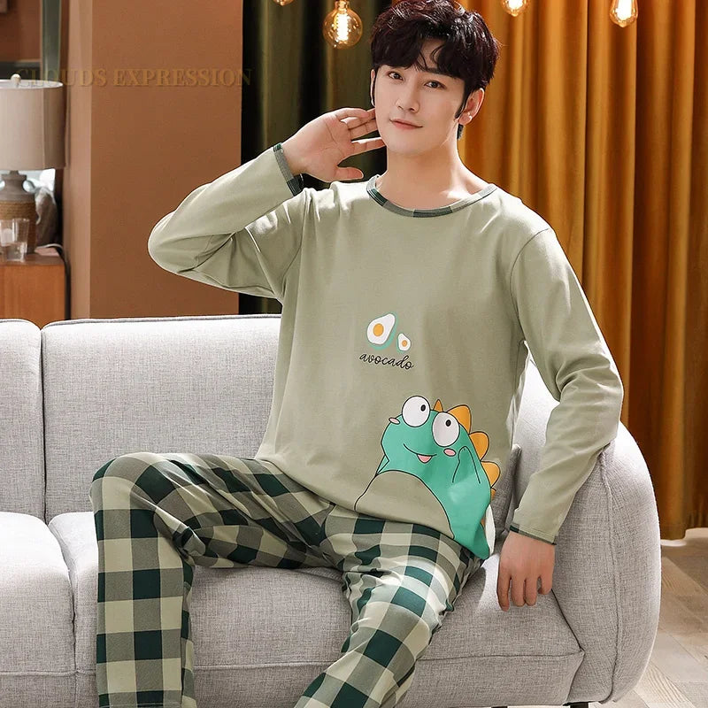 Spring Autumn Knitted Cotton Cartoon Men's Pyjamas Plaid Pajamas Set Casual Male Sleepwear Pyjamas Night Pijamas 4XL Homewear