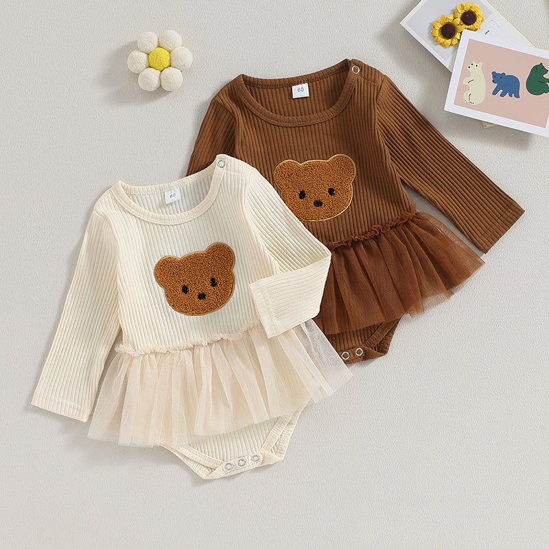 Pudcoco Infant Baby Girls Mesh Romper Dress Bear Pattern Long Sleeve Jumpsuits for Newborn Infant Toddler Cute Clothes 0-18M