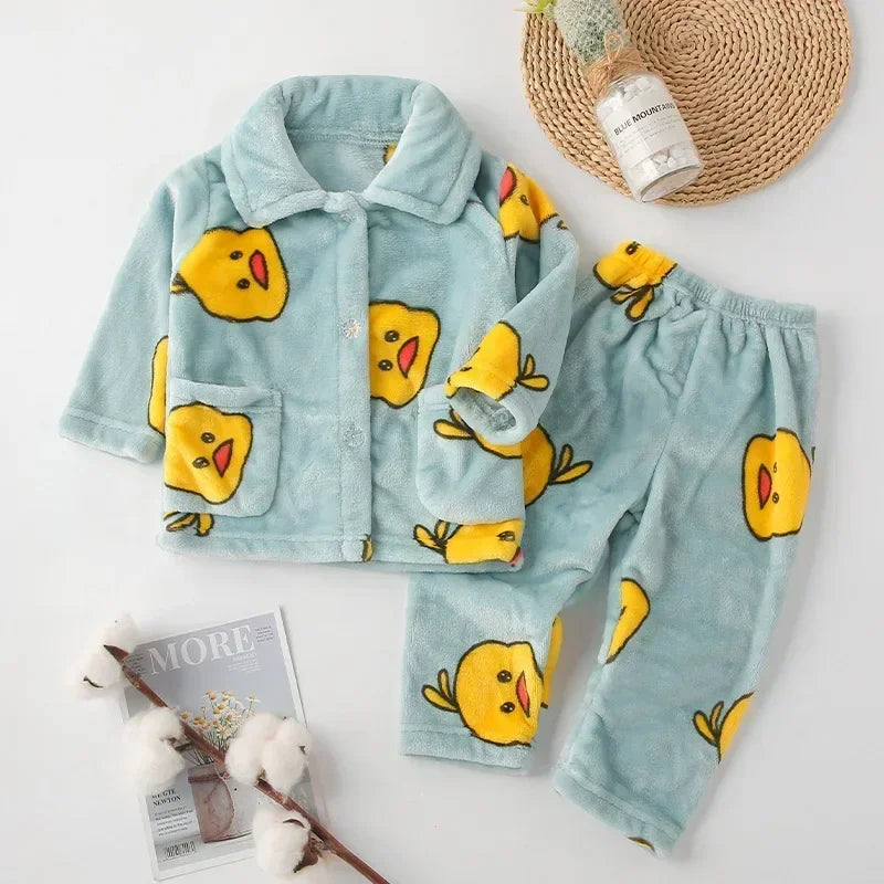 New Kids Boys Girls Autumn Winter Soft Flannel Pajamas Sets Cartoon Long Sleeve Lapel Tops with Pants Pyjamas Sleepwear Clothing