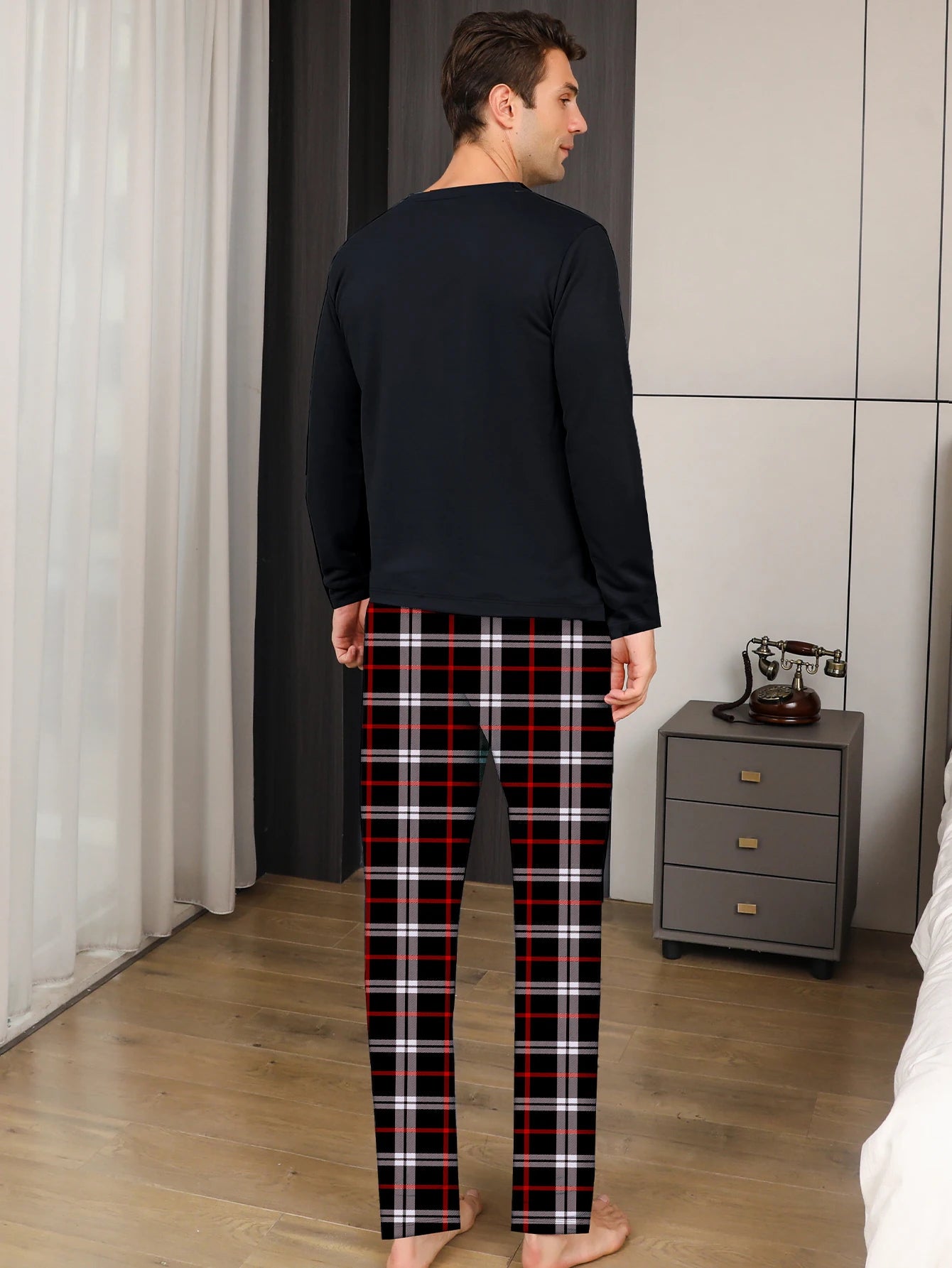 Two piece sets men's pajamas autumn and winter long sleeved pants checkered sleepwear set