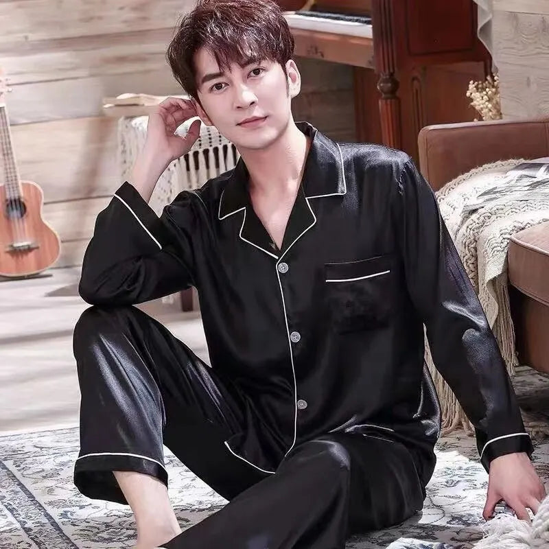 Men Ice Silk Pajamas Sleepwear Pajama Sets Nightclothes Black Blue L XXL 3XL 4XL Long Sleeves Long Pants Smooth Solid Color