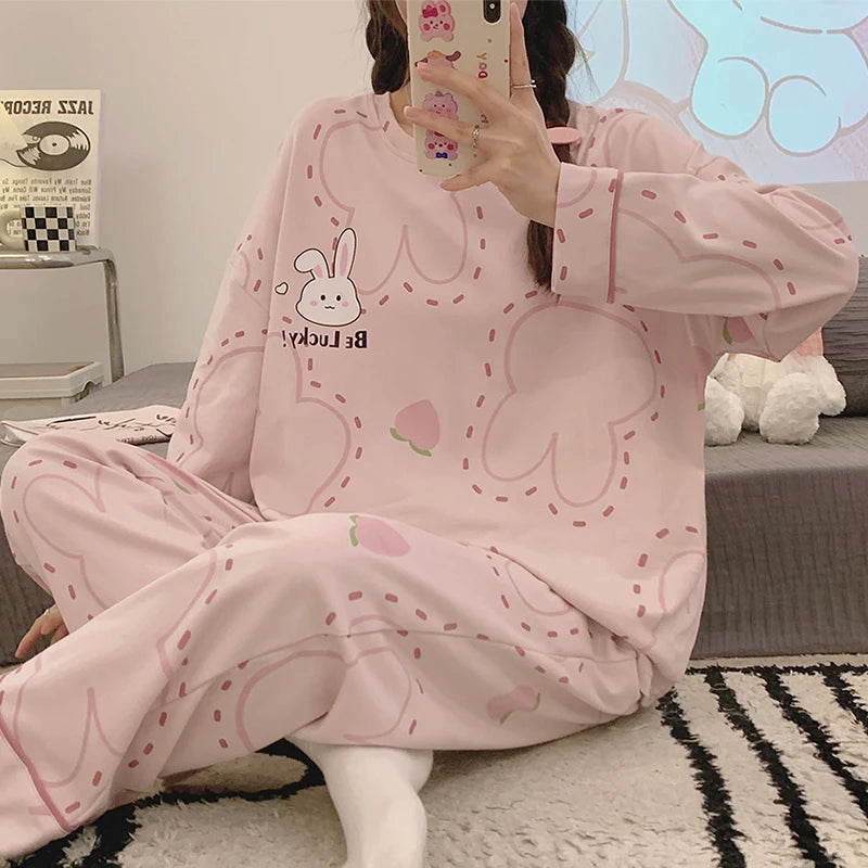 Green Women Pajamas Set Cute Kawaii Long Sleeves Long Pants Autumn Winter Soft Sleepwear Cozy Pyjamas Girl Pijamas Ladies Nighty