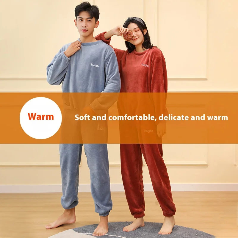 Thickened Warm Men Coral Velvet Pajamas Autumn Winter Homewear Long-Sleeved Long Trousers Solid Soft Sleepwear 2PCS/Set Couple