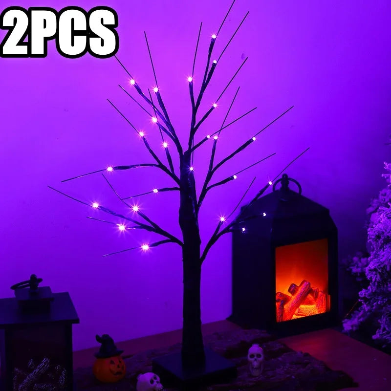 Halloween Decorations Gift Battery Operate 24 LED Lighted Halloween Tree Purple Led Black Glitter Lamp Desk Flower Lamp