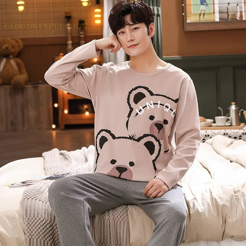 Spring Autumn Knitted Cotton Cartoon Men's Pyjamas Plaid Pajamas Set Casual Male Sleepwear Pyjamas Night Pijamas 4XL Homewear