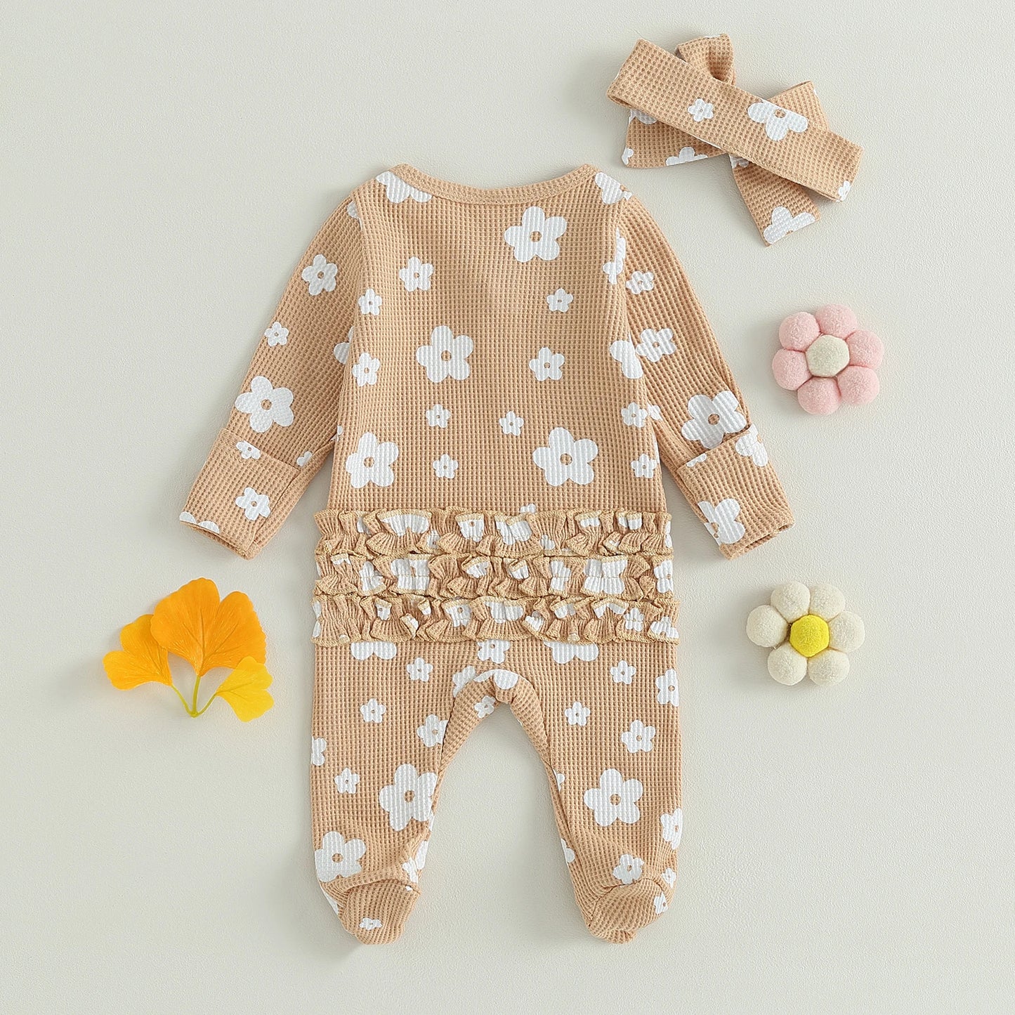 Newborn Baby Girl Ruffle Romper Waffle Knit Floral Footed Jumpsuits Long Sleeve Zipper Footie Fall Winter Outfits Baby Clothing