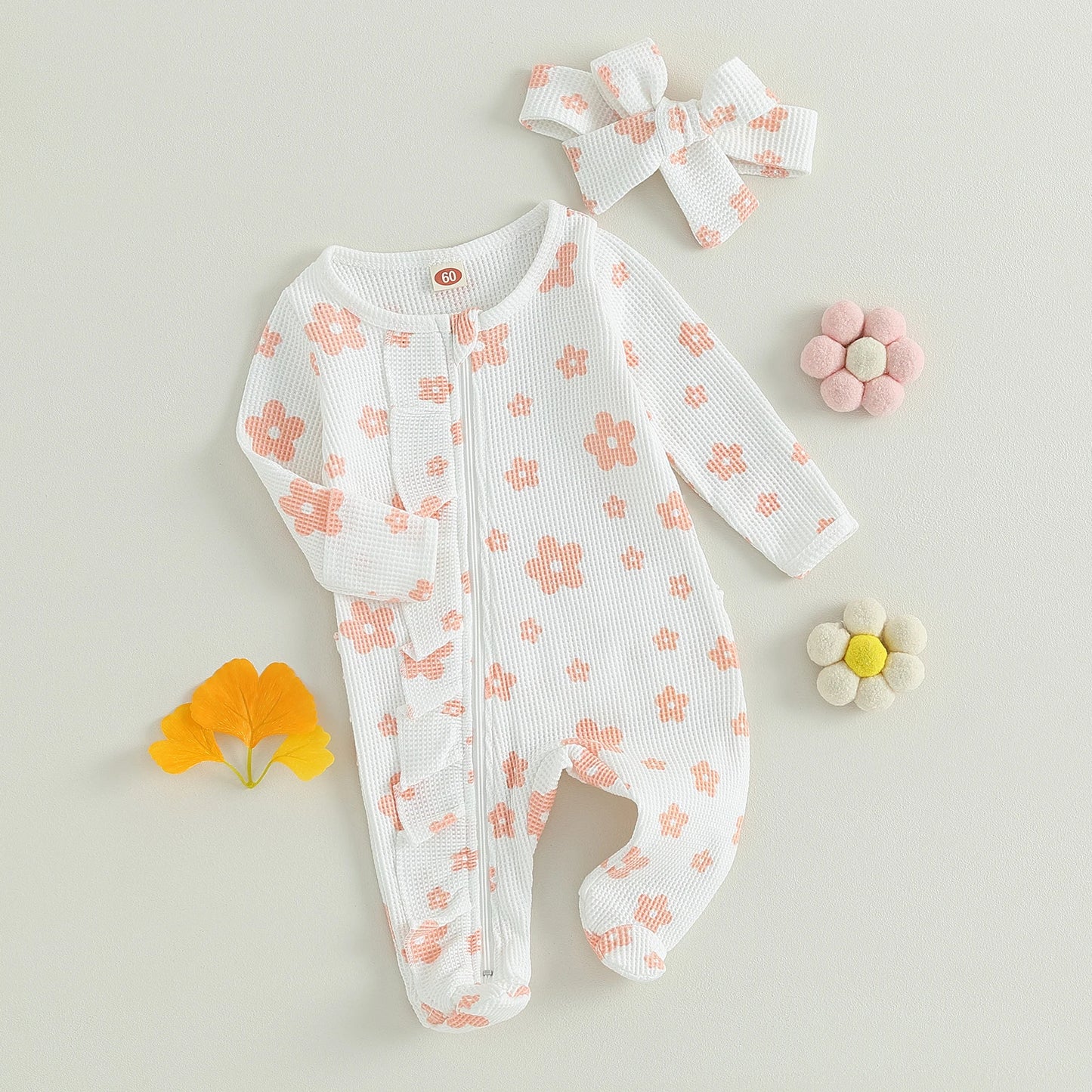 Newborn Baby Girl Ruffle Romper Waffle Knit Floral Footed Jumpsuits Long Sleeve Zipper Footie Fall Winter Outfits Baby Clothing