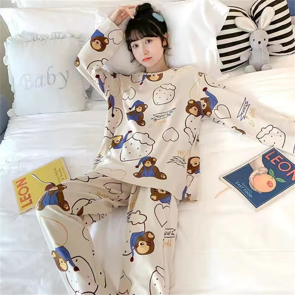 Cute Cartoon Casual Home Clothes New Fashion Women's Sleepwear Suit Long Sleeve Girls Homewear Sets Comfortable Female Pajamas