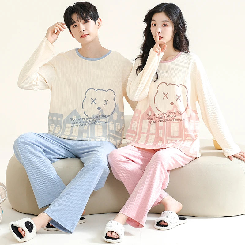 Korean Men Pijamas Set Cotton Women Pajamas Set Autumn Sleepwear Casual Loungewear hombre Mujer Home Clothing Pyjamas Suit