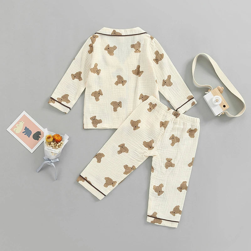 Kids Pajamas Set Children Boys Girl Lapel Collar Single Breasted Long Sleeve Shirts Tops and Pants Spring Autumn Sleep Clothes