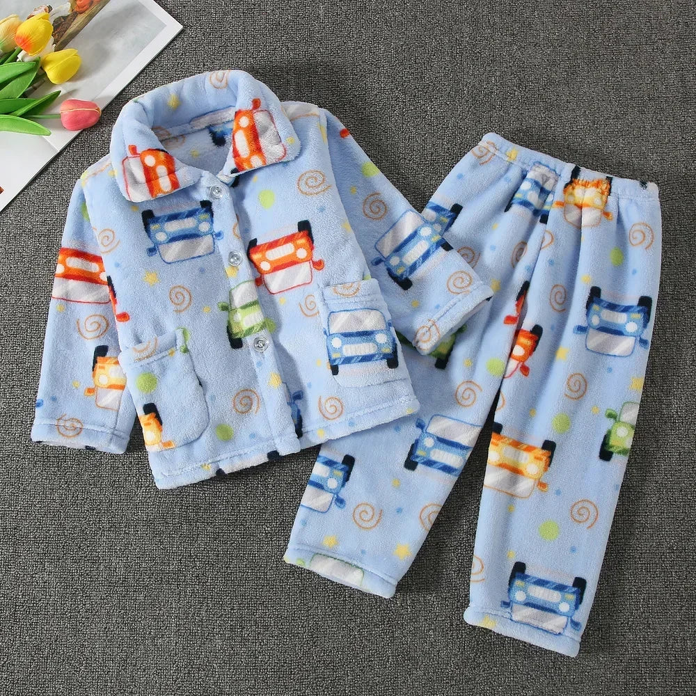 New Kids Boys Girls Autumn Winter Soft Flannel Pajamas Sets Cartoon Long Sleeve Lapel Tops with Pants Pyjamas Sleepwear Clothing