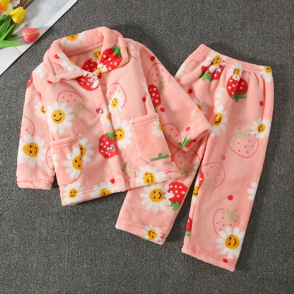 New Kids Boys Girls Autumn Winter Soft Flannel Pajamas Sets Cartoon Long Sleeve Lapel Tops with Pants Pyjamas Sleepwear Clothing