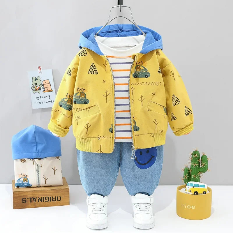 0-4 years old autumn new fashion cute car baby suit boys and girls long-sleeved striped three-piece children's sports suit