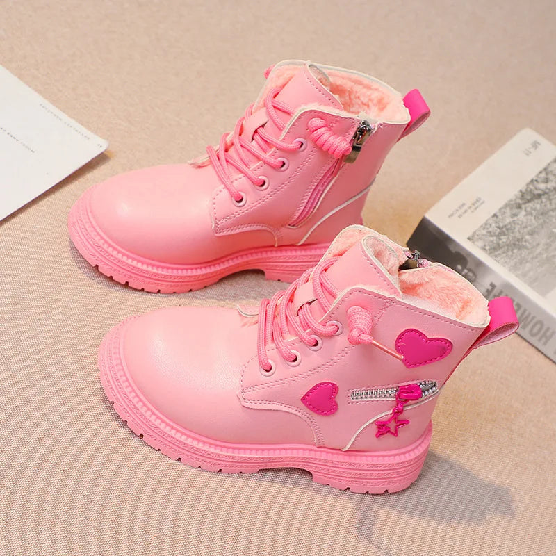 CH.KOUROSH Girls Ankle Boots Fashion Princess PU Leather Rubber Outsole Children's Short Boots Autumn Winter Zipper Pink with Love Heart