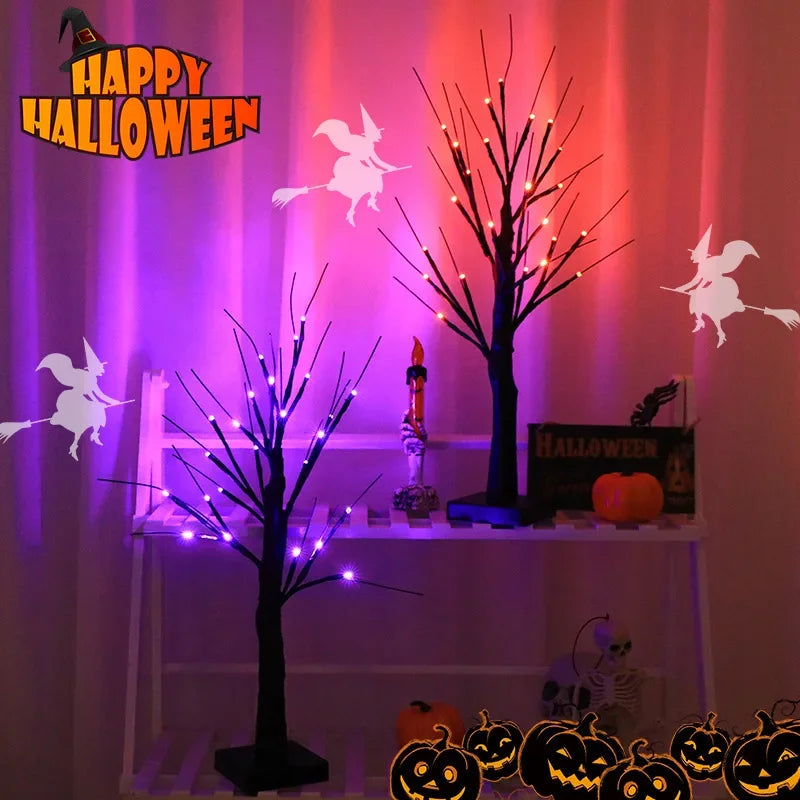 Halloween Decorations Gift Battery Operate 24 LED Lighted Halloween Tree Purple Led Black Glitter Lamp Desk Flower Lamp