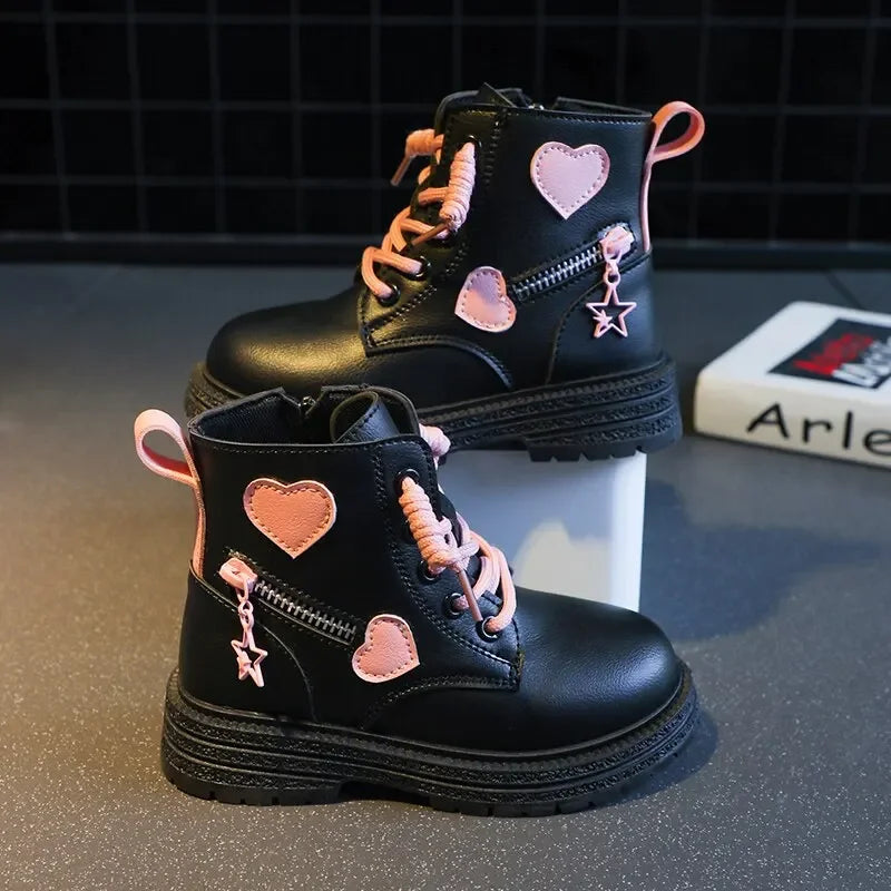 CH.KOUROSH Girls Ankle Boots Fashion Princess PU Leather Rubber Outsole Children's Short Boots Autumn Winter Zipper Pink with Love Heart