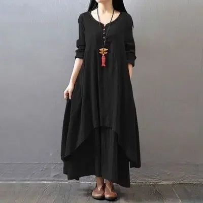 CH.KOUROSH  Spring Autumn New Two-piece Illusion Long Dress Artistic Wide Hemming Hemp Dress Loose Fit Long Sleeve Cotton Hemp Skirt