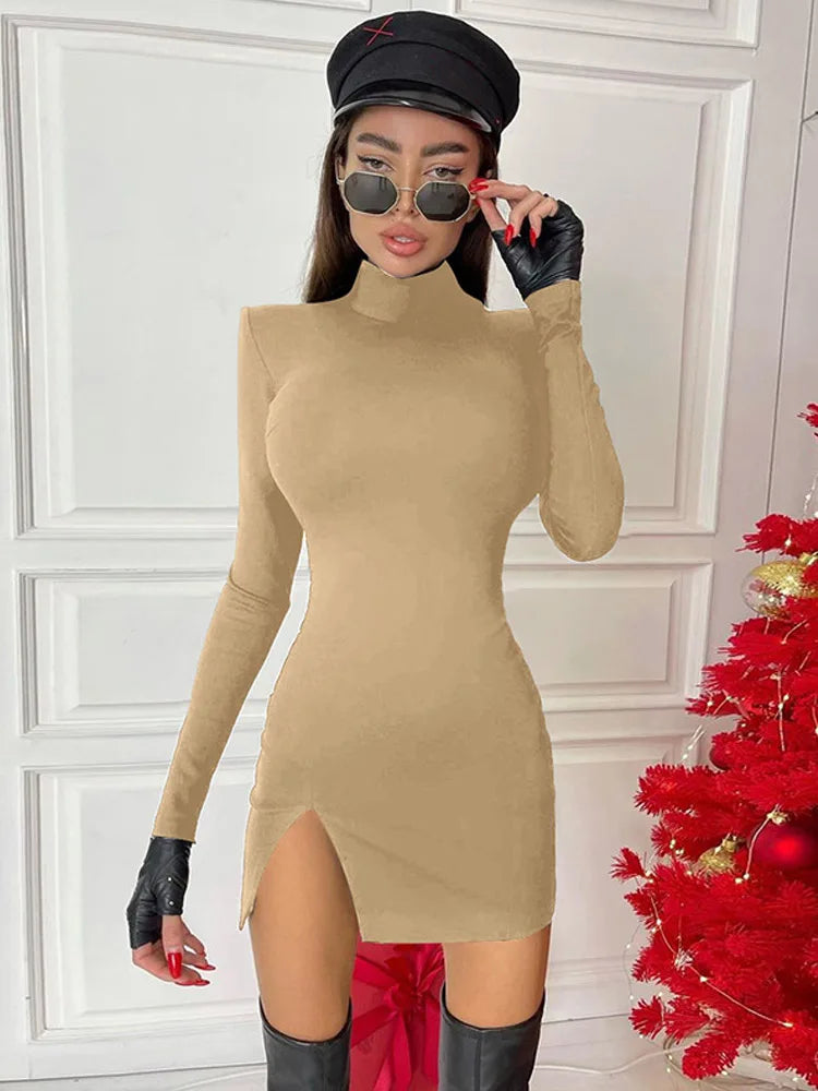 Women Spring Autumn Long Sleeve Bodycon Soild Color Black Slim Package Hip Mini Dress Female Clothing Streetwear