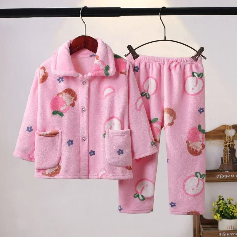 New Kids Boys Girls Autumn Winter Soft Flannel Pajamas Sets Cartoon Long Sleeve Lapel Tops with Pants Pyjamas Sleepwear Clothing