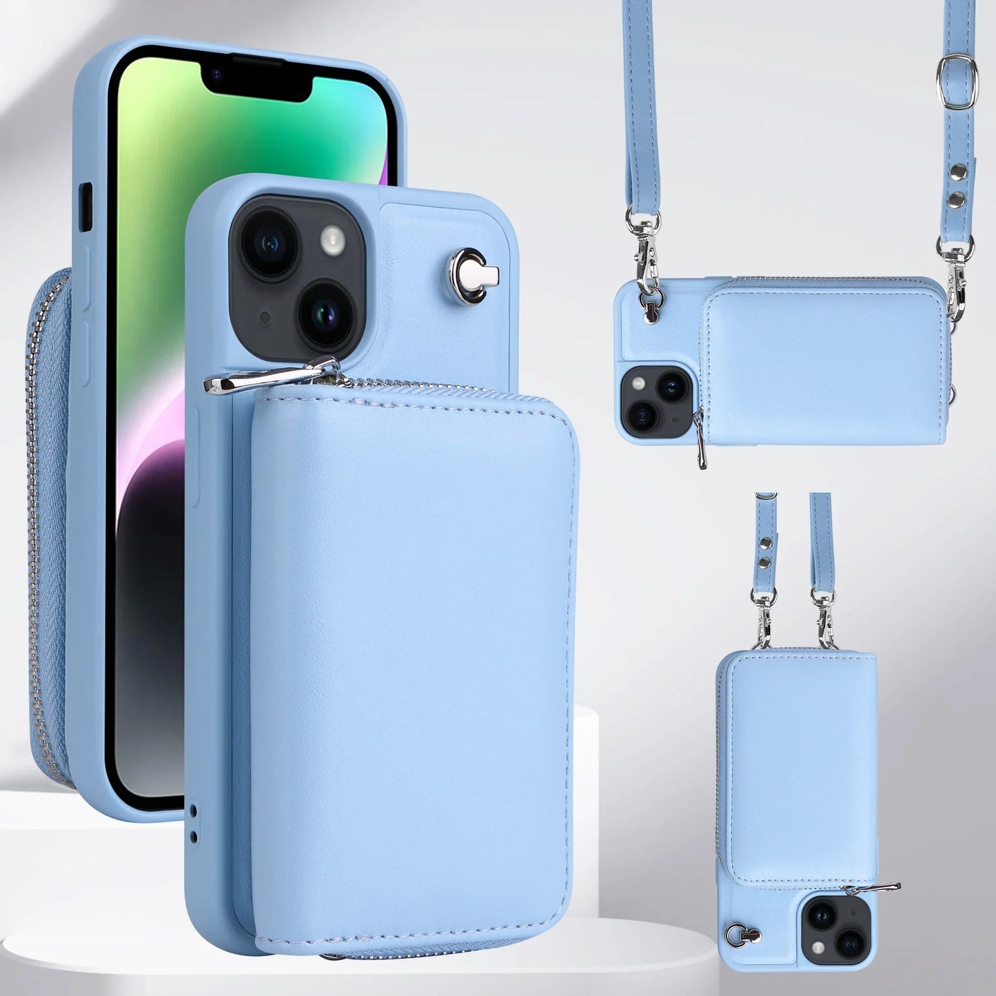 Crossbody Lanyard Phone Case for IPhone 15 14 13 12 11 Pro XR XS Max 8 7 Plus Zipper Wallet with Card Holder Back Stand Cover