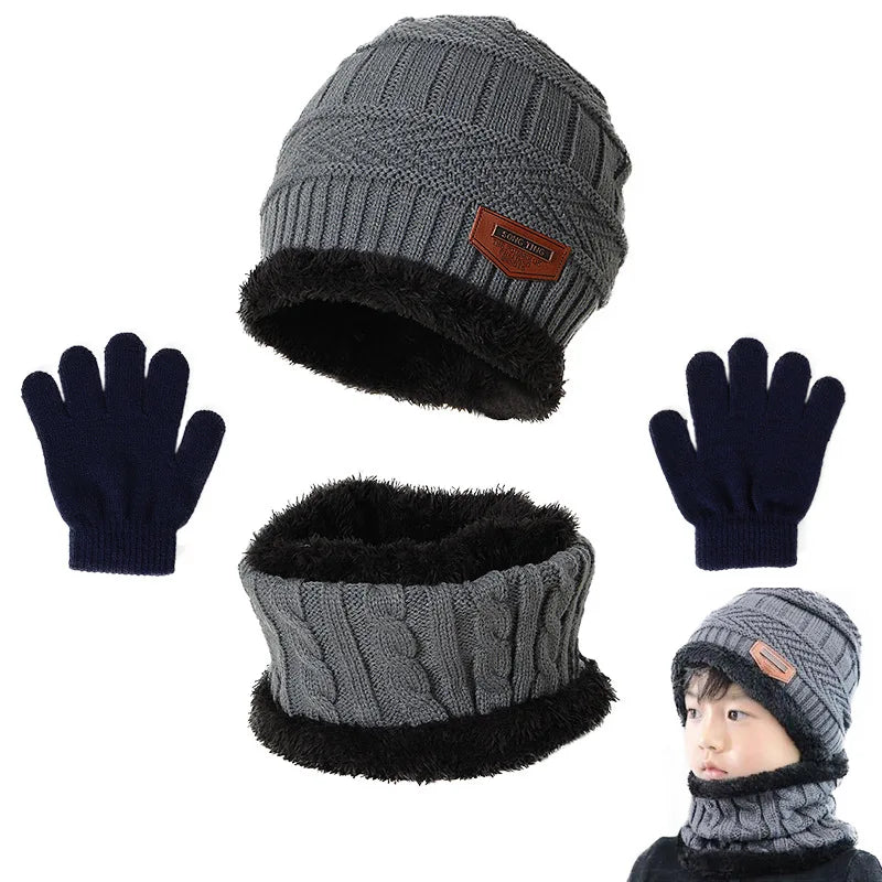 CH.KOUROSH Winter Hat Scarf and Gloves Set Plush Warmer Children Knitted Hat Baby Boys Beanies Cap Neck Scarf Glove Suit For Kids Accessori