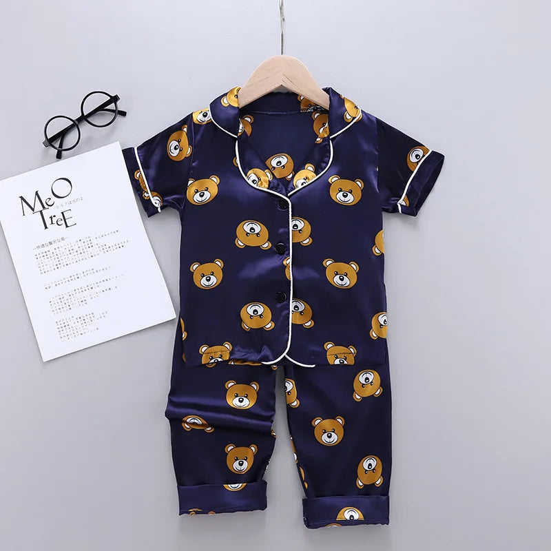 Children Silk Satin Pajamas Set Baby Boys Girls Cartoon Little Bear Tops Trousers 2Pec Spring Autumn Kids Casual Home Sleepwear