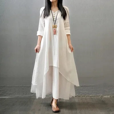 CH.KOUROSH  Spring Autumn New Two-piece Illusion Long Dress Artistic Wide Hemming Hemp Dress Loose Fit Long Sleeve Cotton Hemp Skirt