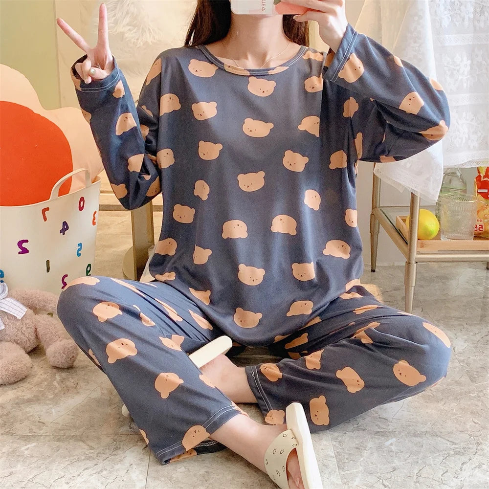 Cute Cartoon Casual Home Clothes New Fashion Women's Sleepwear Suit Long Sleeve Girls Homewear Sets Comfortable Female Pajamas