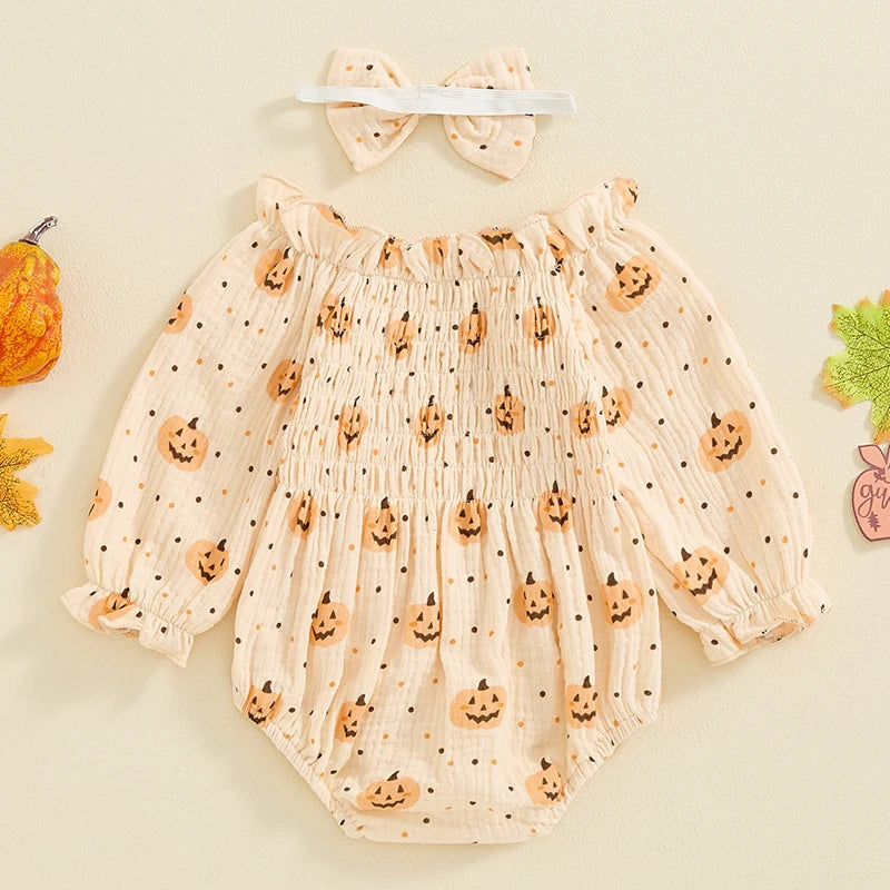 Baby Clothing Girls Halloween Casual Romper Long Sleeve Ruffle Collar Pumpkin Print Jumpsuit with Headband Newborn Clothes