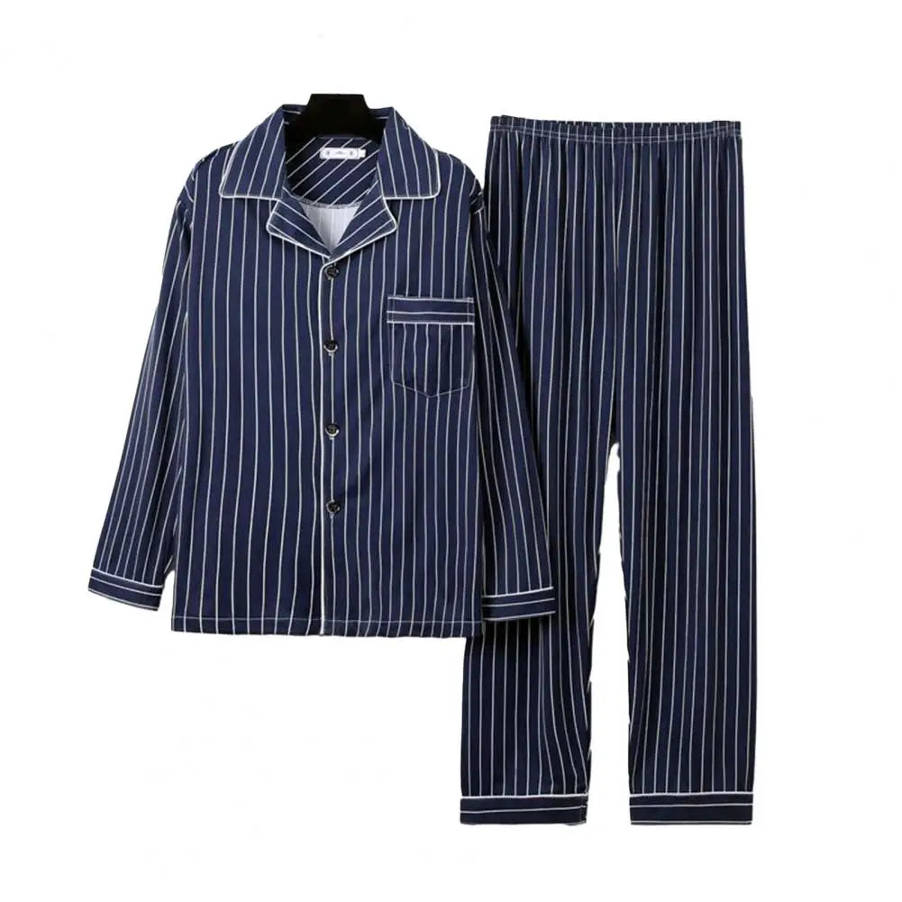 Men Pajama Set Cozy Polyester Pajamas Stylish Men's Fall Winter Pajama Set Striped Plaid Print Color Matching Lapel