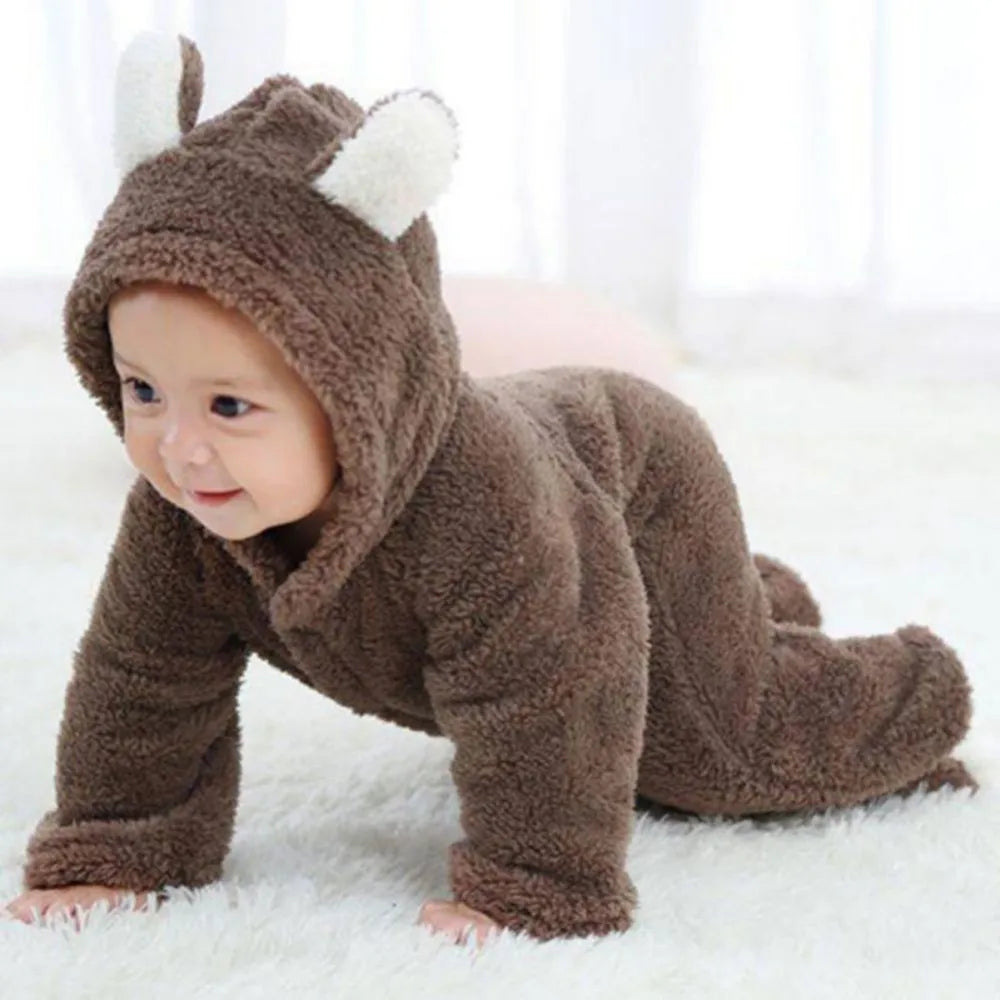 Autumn Winter Baby Romper Boys Girls Ears Hooded Long Sleeve Baby Clothes Solid Newborn  Baby Girl Clothes