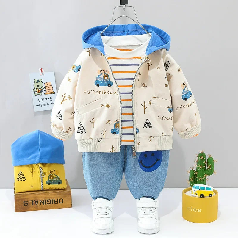 0-4 years old autumn new fashion cute car baby suit boys and girls long-sleeved striped three-piece children's sports suit