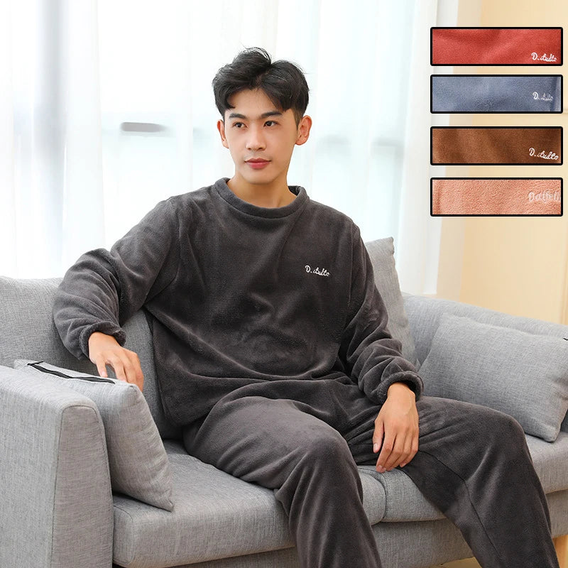 Thickened Warm Men Coral Velvet Pajamas Autumn Winter Homewear Long-Sleeved Long Trousers Solid Soft Sleepwear 2PCS/Set Couple