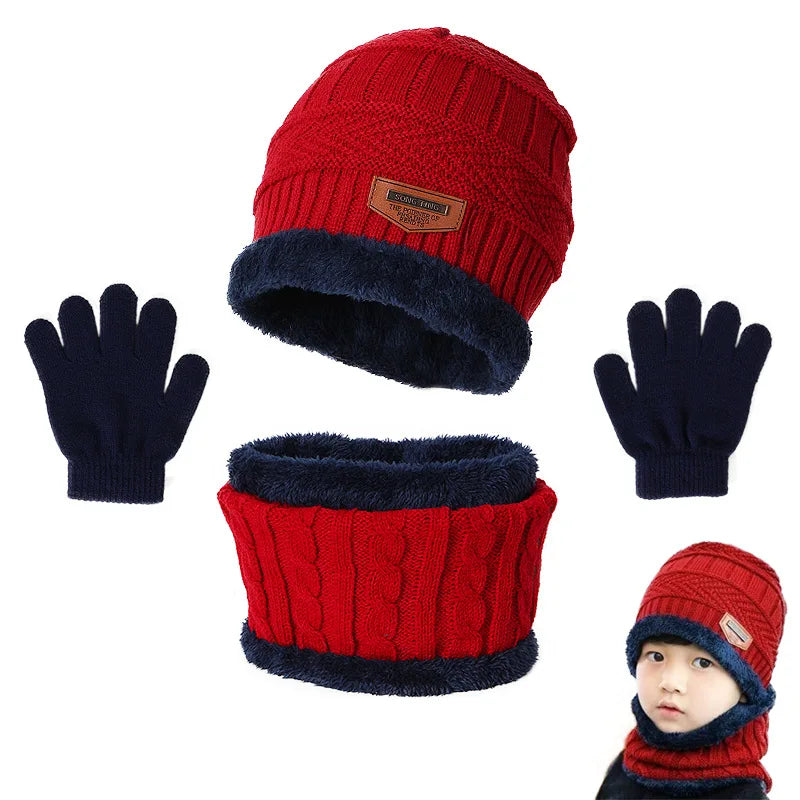 CH.KOUROSH Winter Hat Scarf and Gloves Set Plush Warmer Children Knitted Hat Baby Boys Beanies Cap Neck Scarf Glove Suit For Kids Accessori