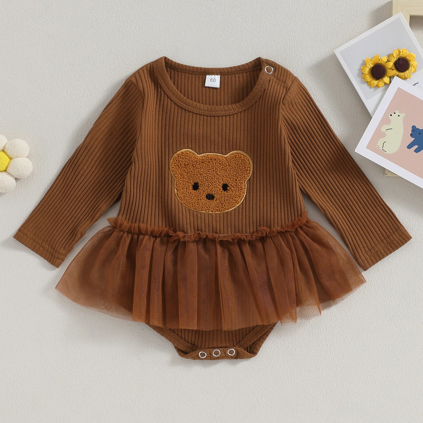 Pudcoco Infant Baby Girls Mesh Romper Dress Bear Pattern Long Sleeve Jumpsuits for Newborn Infant Toddler Cute Clothes 0-18M