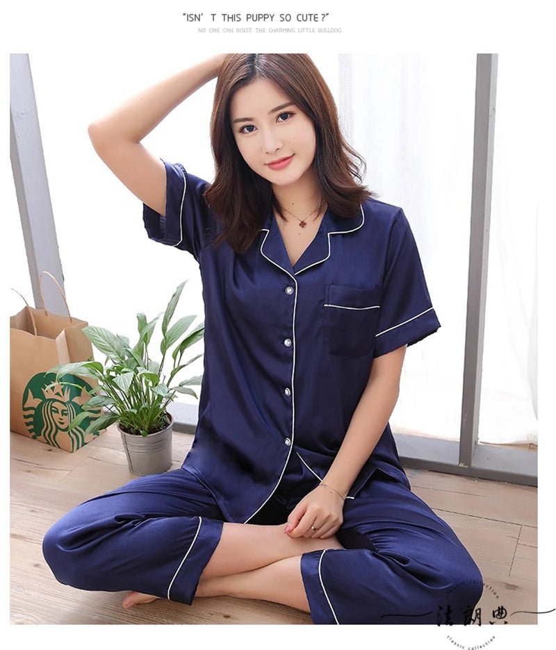 Womens Silk Satin Pyjamas Set Sleepwear Couple Pijama Pajamas Suit Female Sleep Two Piece Set Women's Loungewear Plus Size