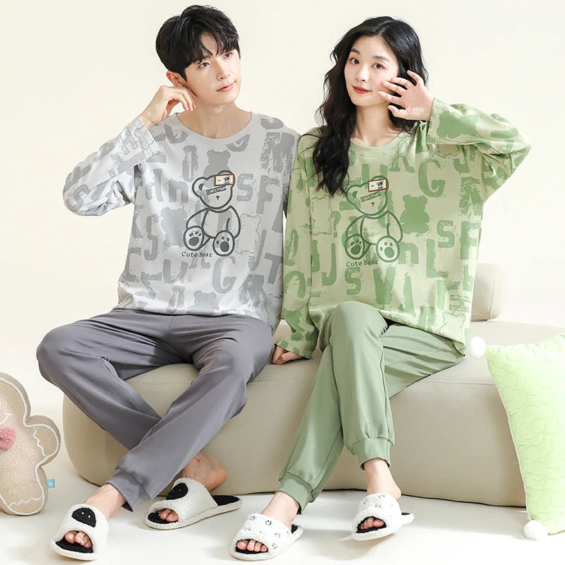 Korean Men Pijamas Set Cotton Women Pajamas Set Autumn Sleepwear Casual Loungewear hombre Mujer Home Clothing Pyjamas Suit