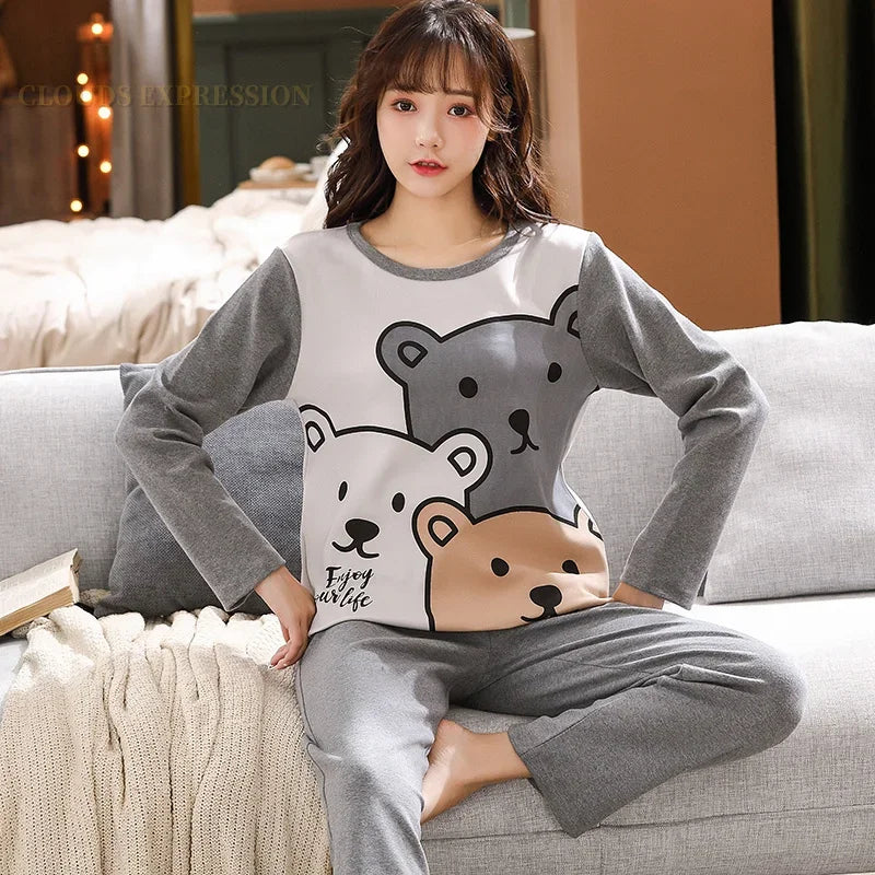 Spring Autumn Knitted Cotton Cartoon Men's Pyjamas Plaid Pajamas Set Casual Male Sleepwear Pyjamas Night Pijamas 4XL Homewear