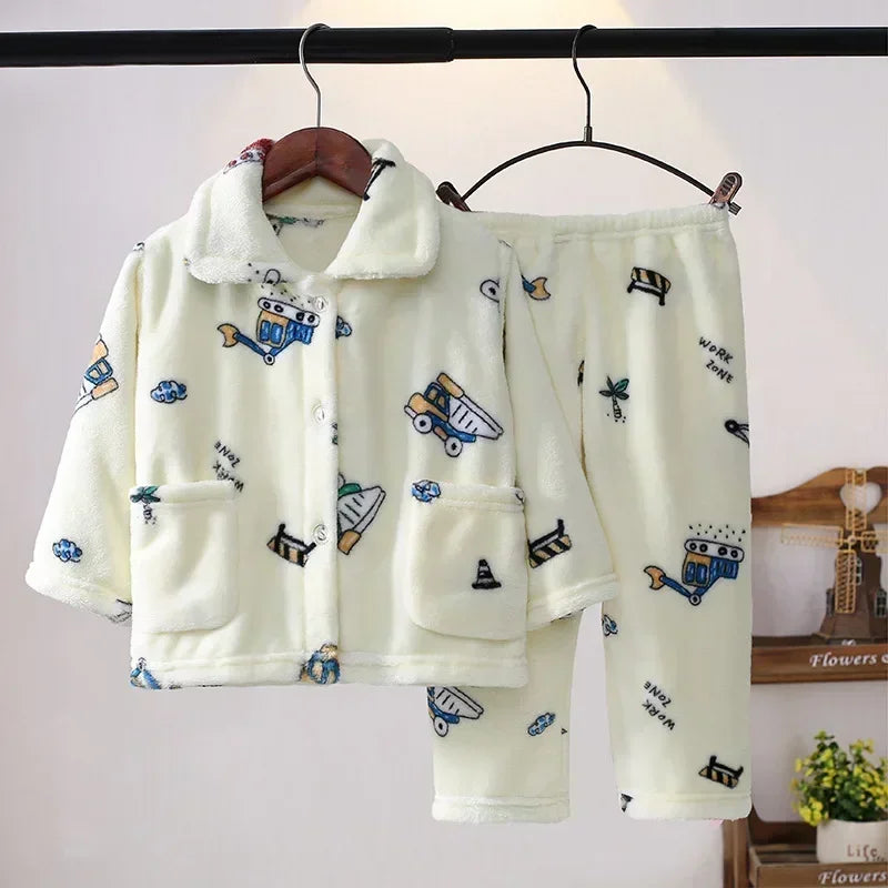 New Kids Boys Girls Autumn Winter Soft Flannel Pajamas Sets Cartoon Long Sleeve Lapel Tops with Pants Pyjamas Sleepwear Clothing