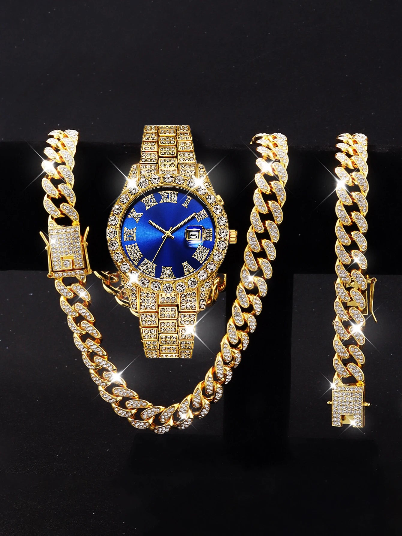 Luxury Women’s Jewelry Set with Watch, Necklace, Earrings & Ring - Gold Rhinestone Design