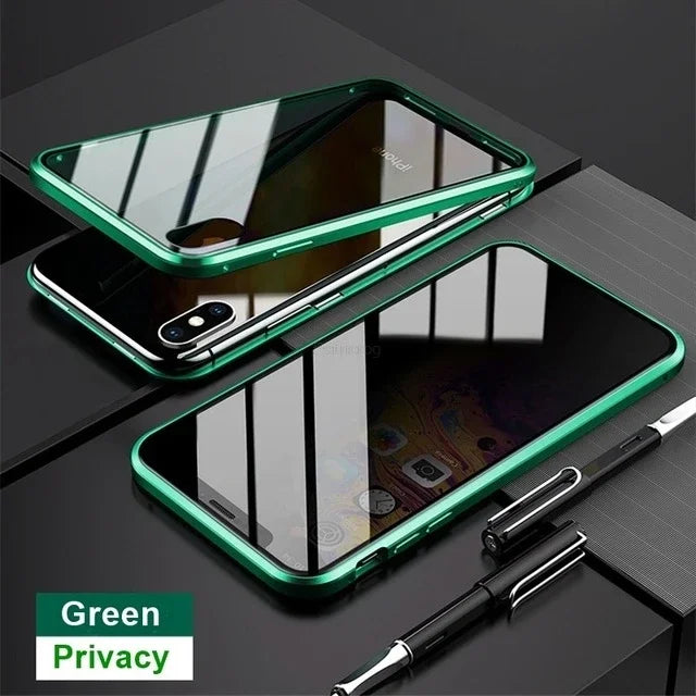 Magnetic Tempered Glass Privacy Metal Case For iphone 15 14 13 12 XR 11 Pro MAX X 7 8 6 Plus 360 Magnet Antispy Protective Cover