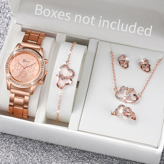 CH.KOUROSH 6PCS/Set Women's Watch Fashion Rhinestone Stainless Steel Band Quartz Watch Double Heart Jewelry Set(Without Box)