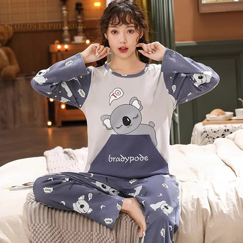 Spring Autumn Knitted Cotton Cartoon Men's Pyjamas Plaid Pajamas Set Casual Male Sleepwear Pyjamas Night Pijamas 4XL Homewear