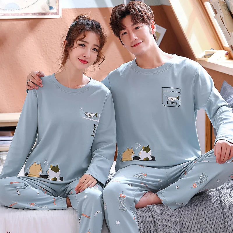 Korean Men Pijamas Set Cotton Women Pajamas Set Autumn Sleepwear Casual Loungewear hombre Mujer Home Clothing Pyjamas Suit